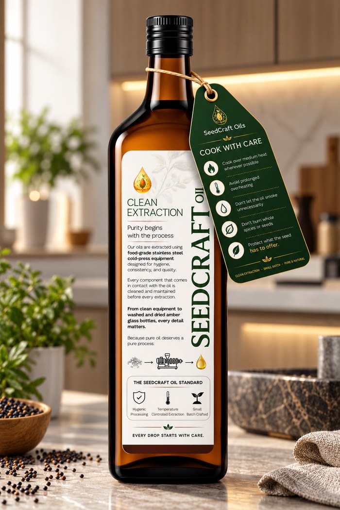 Seedcraft Black Mustard Oil bottle, Clean Extraction label with Cook With Care hang tag