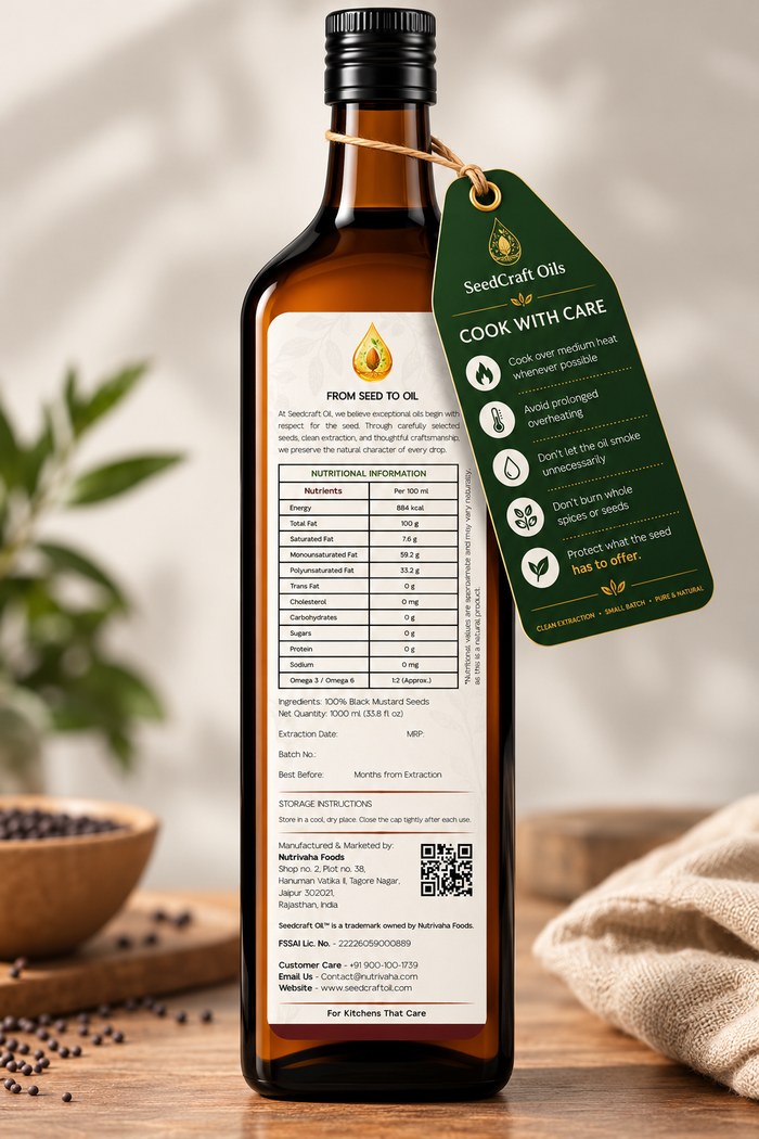 Seedcraft Black Mustard Oil bottle, nutrition and statutory label